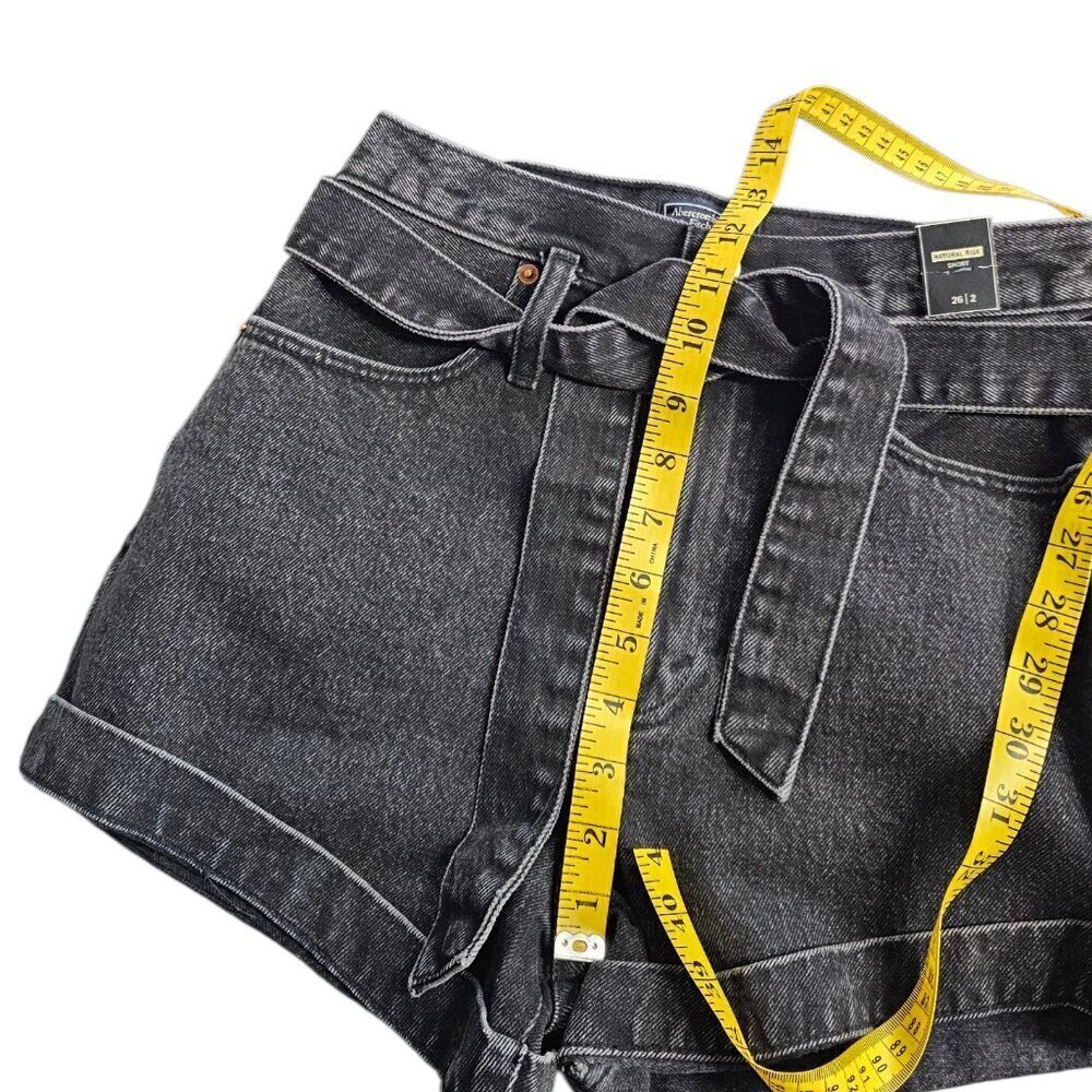 Abercrombie & Fitch Natural Rise Denim Shorts, Cotton, Black Wash, Tie Waist, 26 - Picture 8 of 8